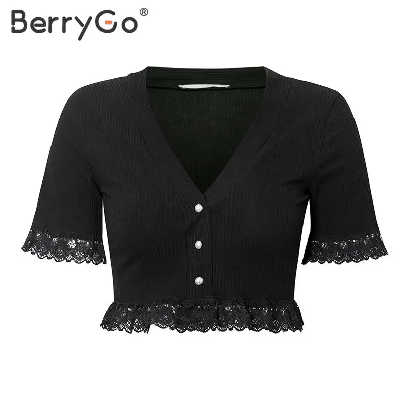 BerryGo сексуальный женский короткий топ с v образным вырезом кружевная Элегантная