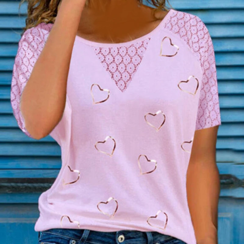 

Женская футболка с коротким рукавом, кружевная Повседневная футболка с круглым вырезом и вышивкой, топ с принтом в виде сердечек, женская од...