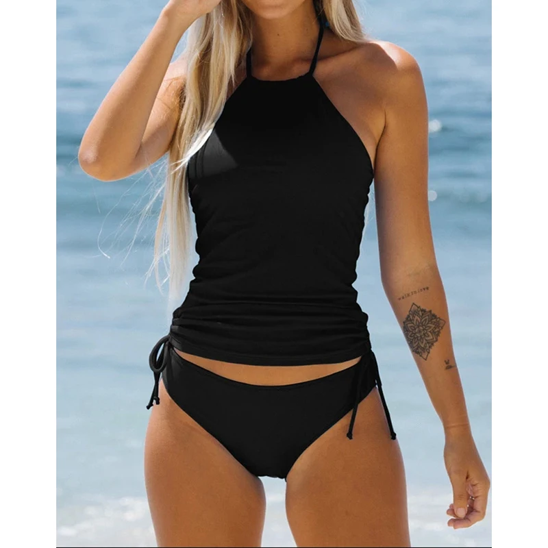 

Новые женские купальники, однотонные купальники из двух частей, танкини, купальный костюм 2021, летний женский купальный костюм с открытой сп...