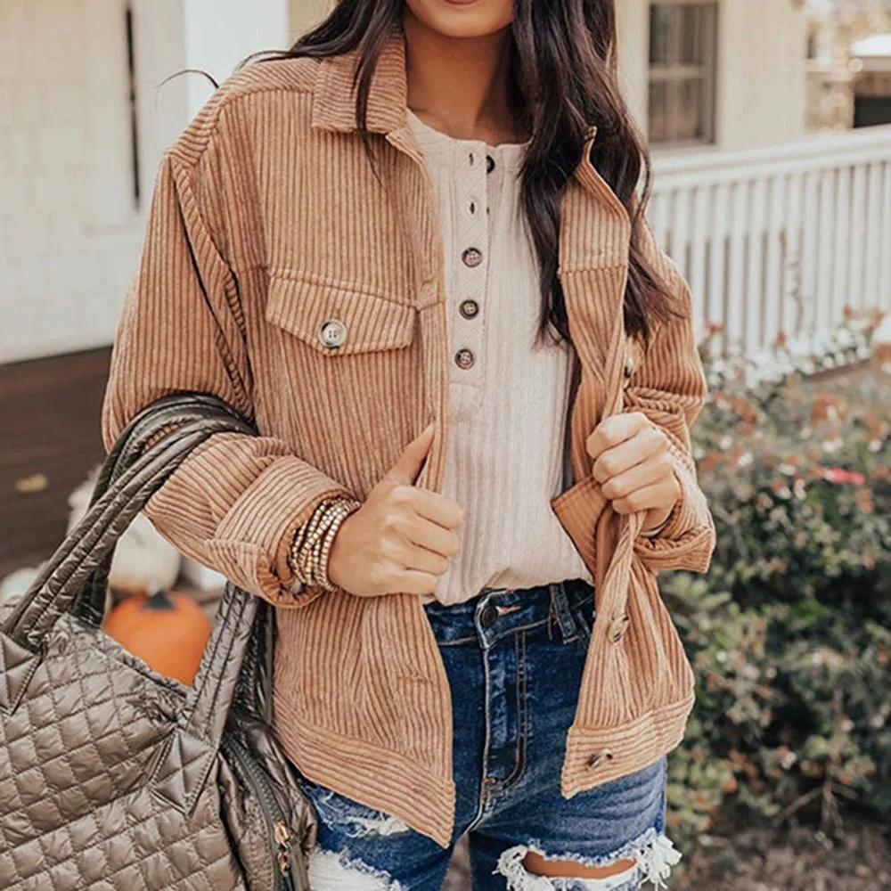 

2021 Women's New Autumn Cardigan Fashion Simple Commuter Style Long Sleeve Retro Corduroy Pocket Straight Long Sleeve Jacket