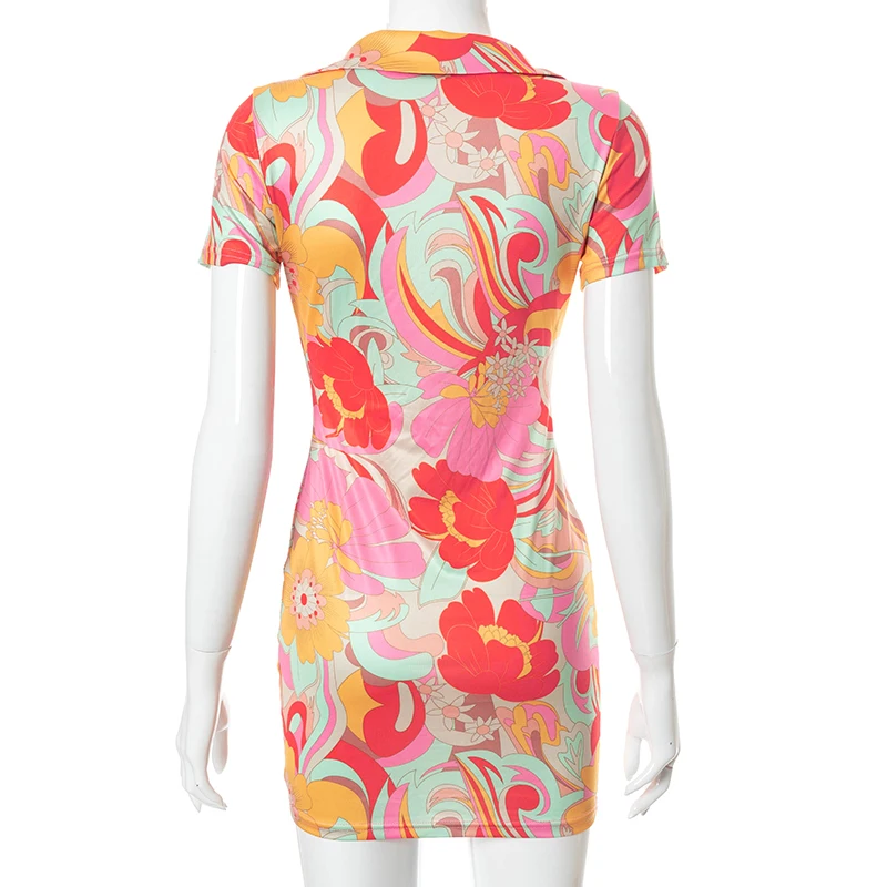 

Bomblook Casual Fashion Bodycon Summer Women's Dress 2021 Floral Print Low Collar Short Sleeve Mixi Dress Female Streetwears