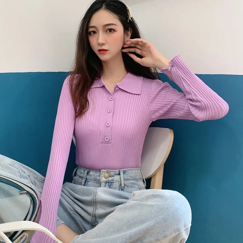 

Women Sweater Autumn New Single-Breasted Temperament Self-Cultivation Base Knitted Top Pullover/