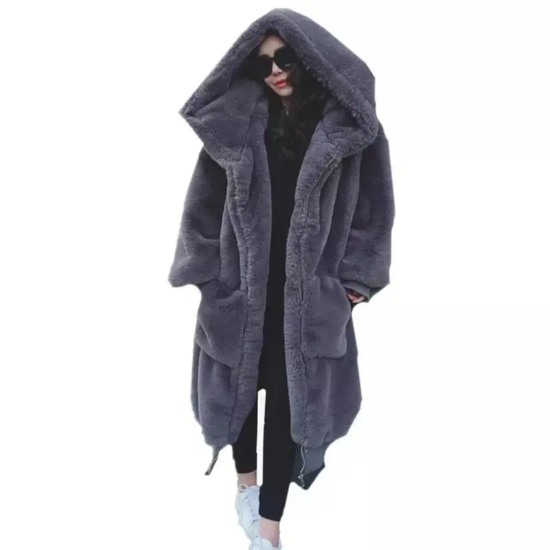 

Faux Fur Coat Oversized Winter Europe Women Parka Long Warm Jacket Coat Zipper Hoodies Loose Casual Coat Outwear casaco feminino