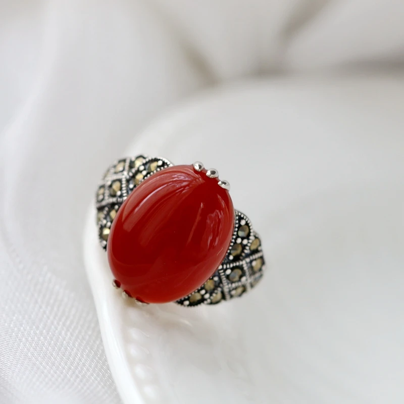 

Authentic 925 Sterling Silver Rings Inlaid Natural Red Agate Lady Retro Charm Silver Ring National Style Jewelry Gift