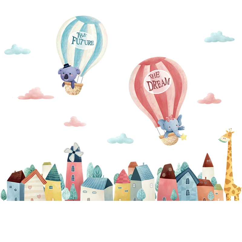 Мультяшные воздушные шары животные картина облака настенные наклейки для