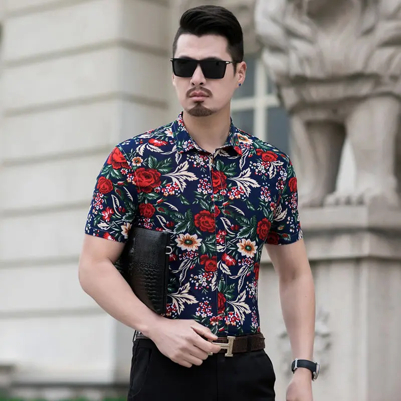 

Elastic Men's Fashion Digital Print Plus Size Mens Shirt Short Sleeve Retro Social Shirt Streetwear Camisa Masculina Kemeja Pria