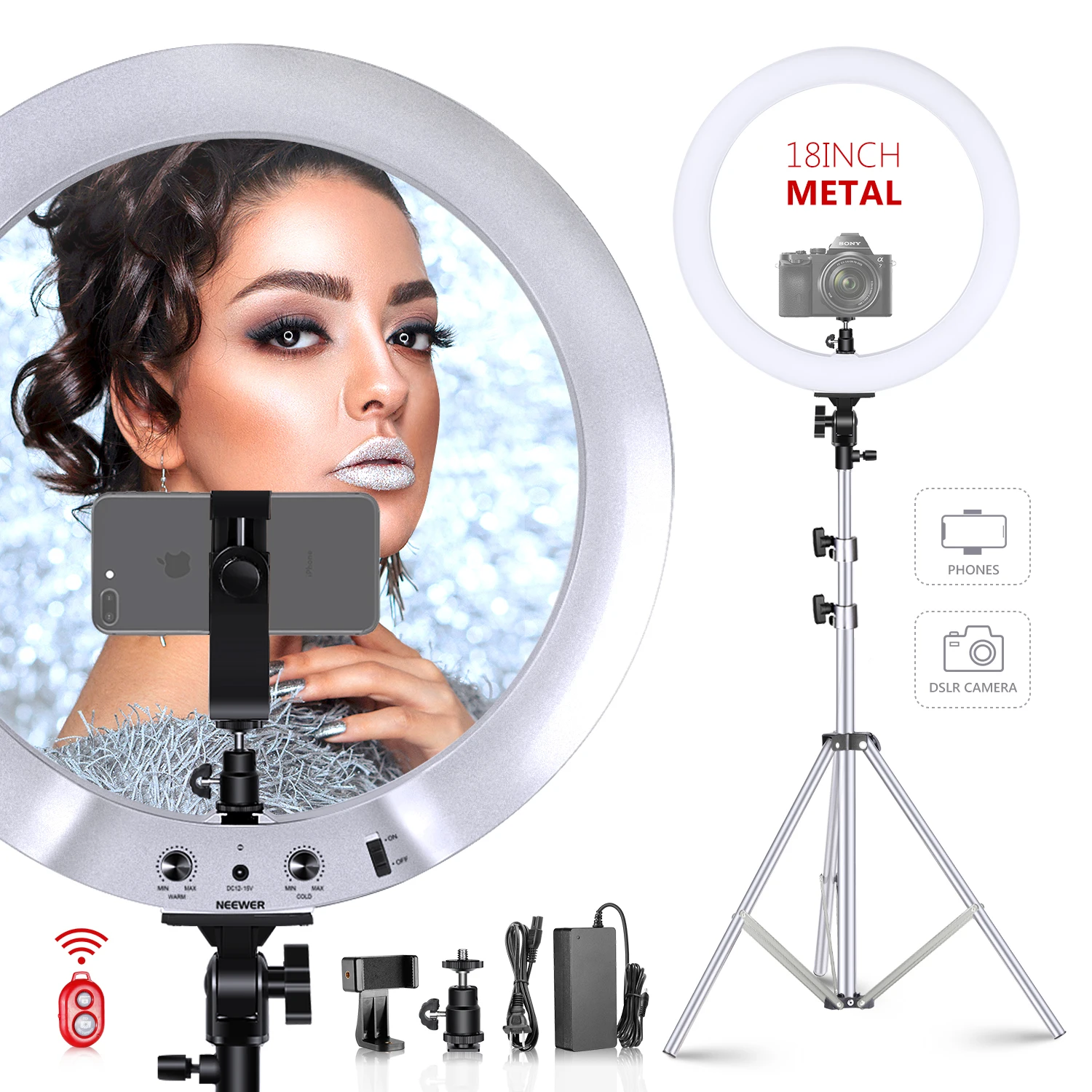 

Neewer Upgraded 18-inch Ring Light Silver Metal Lighting Kit: 42W 3200-5600K Ring Light with Silver Aluminium Alloy Shell