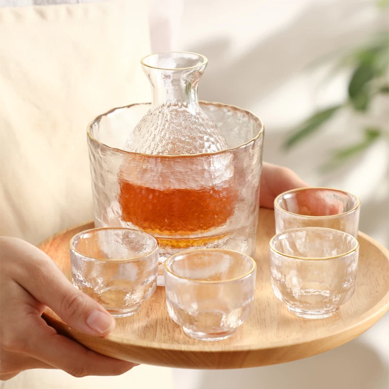 

Japanese Sake Serving Set Gold Glass Sake Pot Set Serving Gift Set 6 Pcs Include 1 Bottle 1 Pot and 4 Sake Cups