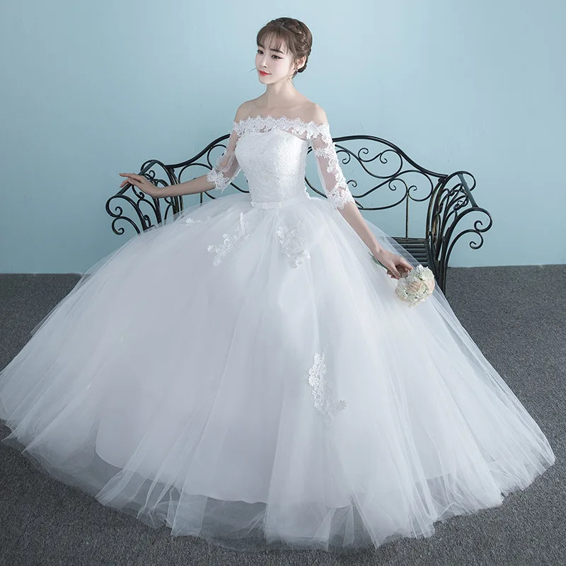 

LAMYA Vestidos Boat Neck Bride Married Dress Long Sleeve Simple Large Size Ball Gowns Tulle Wedding Dresses De Novia New Lace up