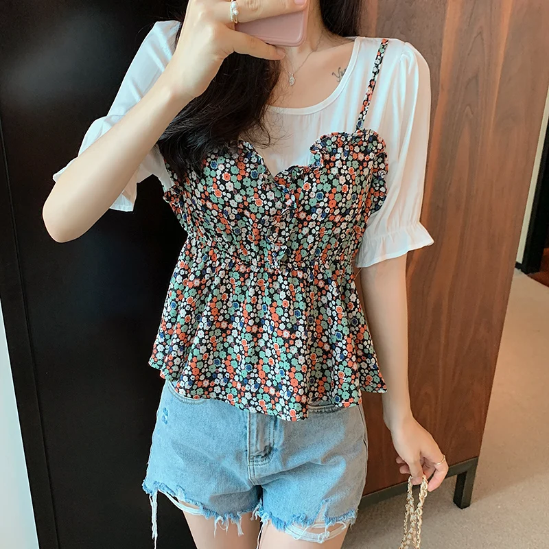 

Ретро Цветочный принт шифоновое студенческое консервативное платье с вышивкой блузка для женщин Летнее Дутое рукав на каждый день Топы пля...