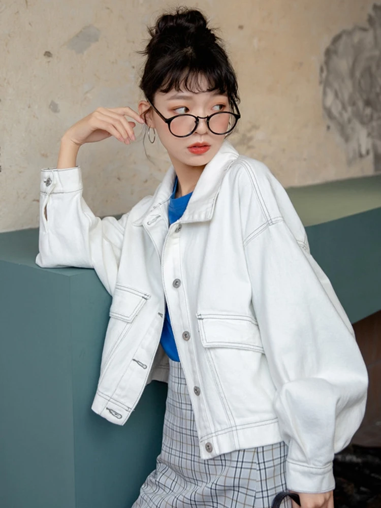 

Женская свободная куртка на пуговицах, элегантная белая короткая куртка в Корейском стиле с отложным воротником, верхняя одежда на весну