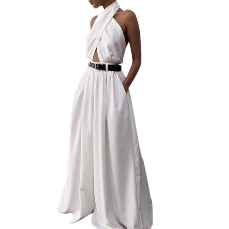 

Women's Jumpsuit Sexy Sleeveless Halter Jumpsuit White Backless Pants Temperament Elegant Wide Leg Pants Without belt