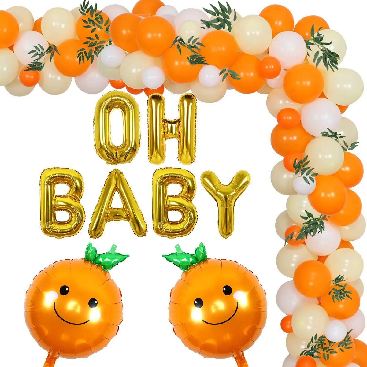 Цитрусовые оранжевые белые воздушные шары зеркальные с зелеными листьями