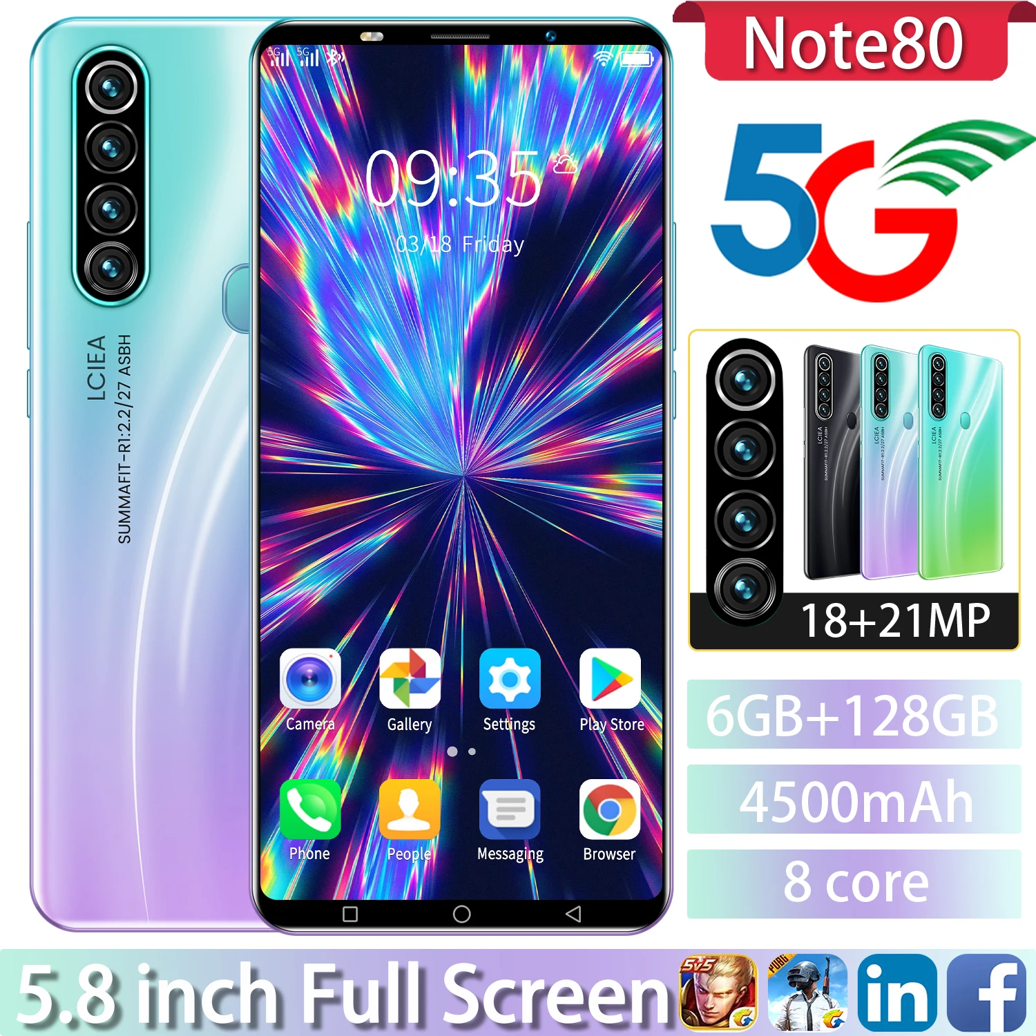 New 2021 Note80 6+128GB 4500mAh Andriod 10.0 MTK6898 Smart Phone 5.8 Inch 8 Core Dual SIM Fingerprint Face ID Mobile Phone