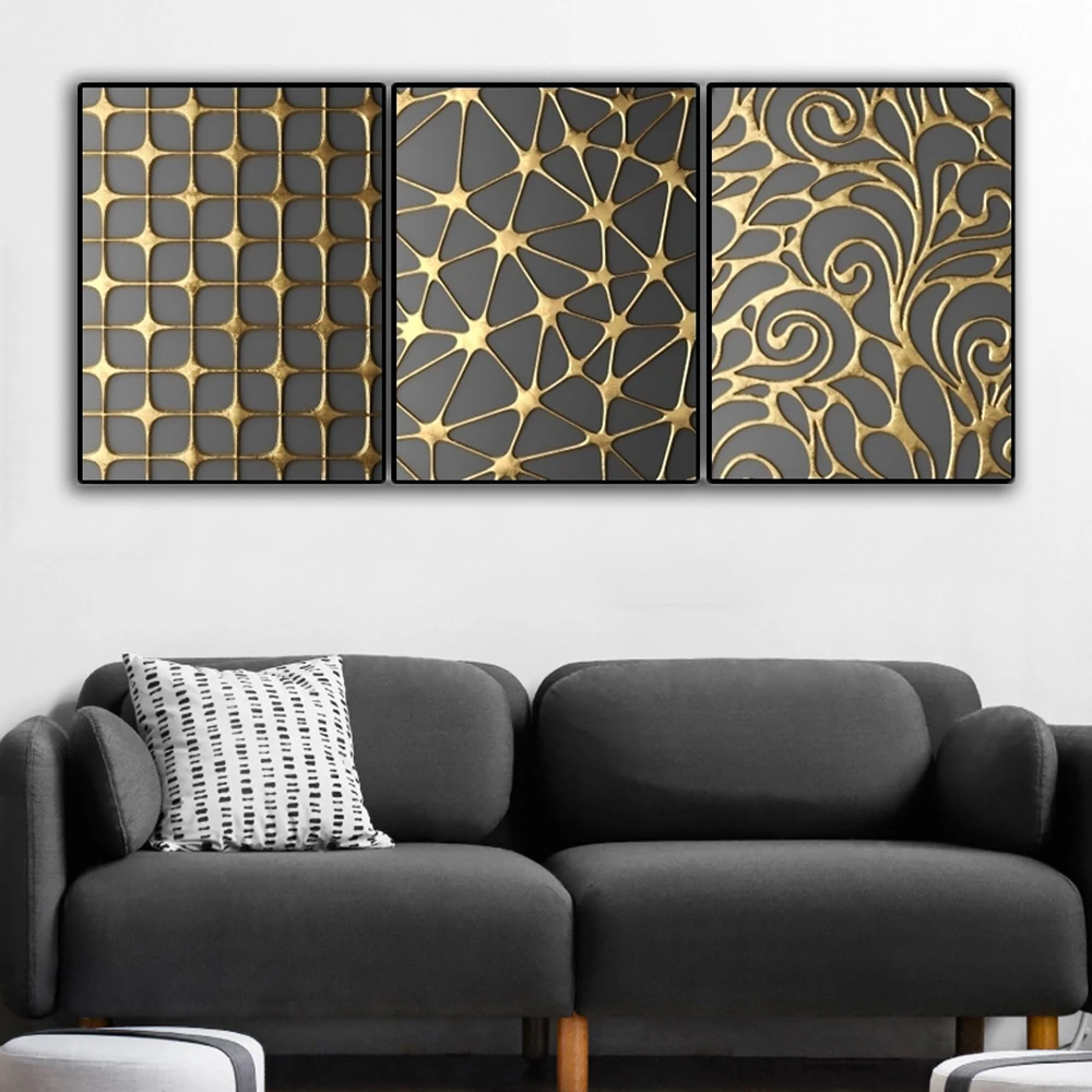 Laeacco Abstract Geometric Black Golden Line Texture Living Room Wall Painting study room office porch hanging painting Mural | Дом и сад