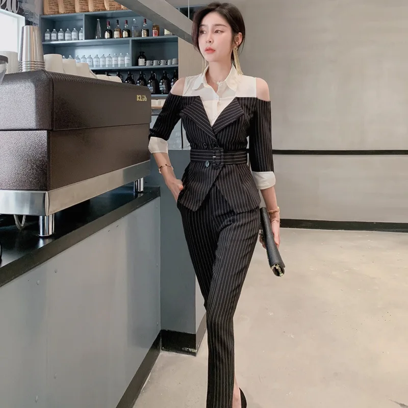 2019 осенняя одежда черная блузка с открытыми плечами и штаны до щиколотки