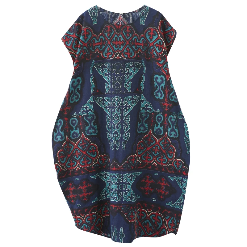 

BIG SIZE Summer Women Vintage Novelty Print Tops Ladies Female Plus Large Long Casual Loose Cotton Linen Irregular Robe Dress