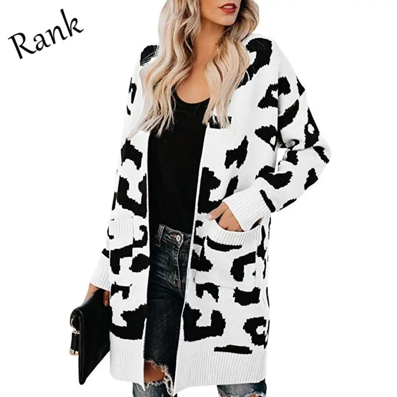 

Rank Women Sweater Open Cardigan Zipper Lady Leopard Printed Full Sleeve Thick Casual Comfy A-Straight V Neck Cotton Streetwear