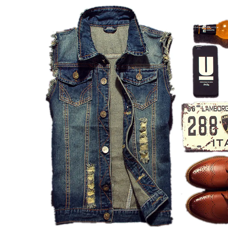 

2020 Ripped Jean Jacket Men's Denim Vest Hip Hop Jean Coats Waistcoat Men Cowboy Brand Sleeveless Jacket Male Tank Plus Size 6XL
