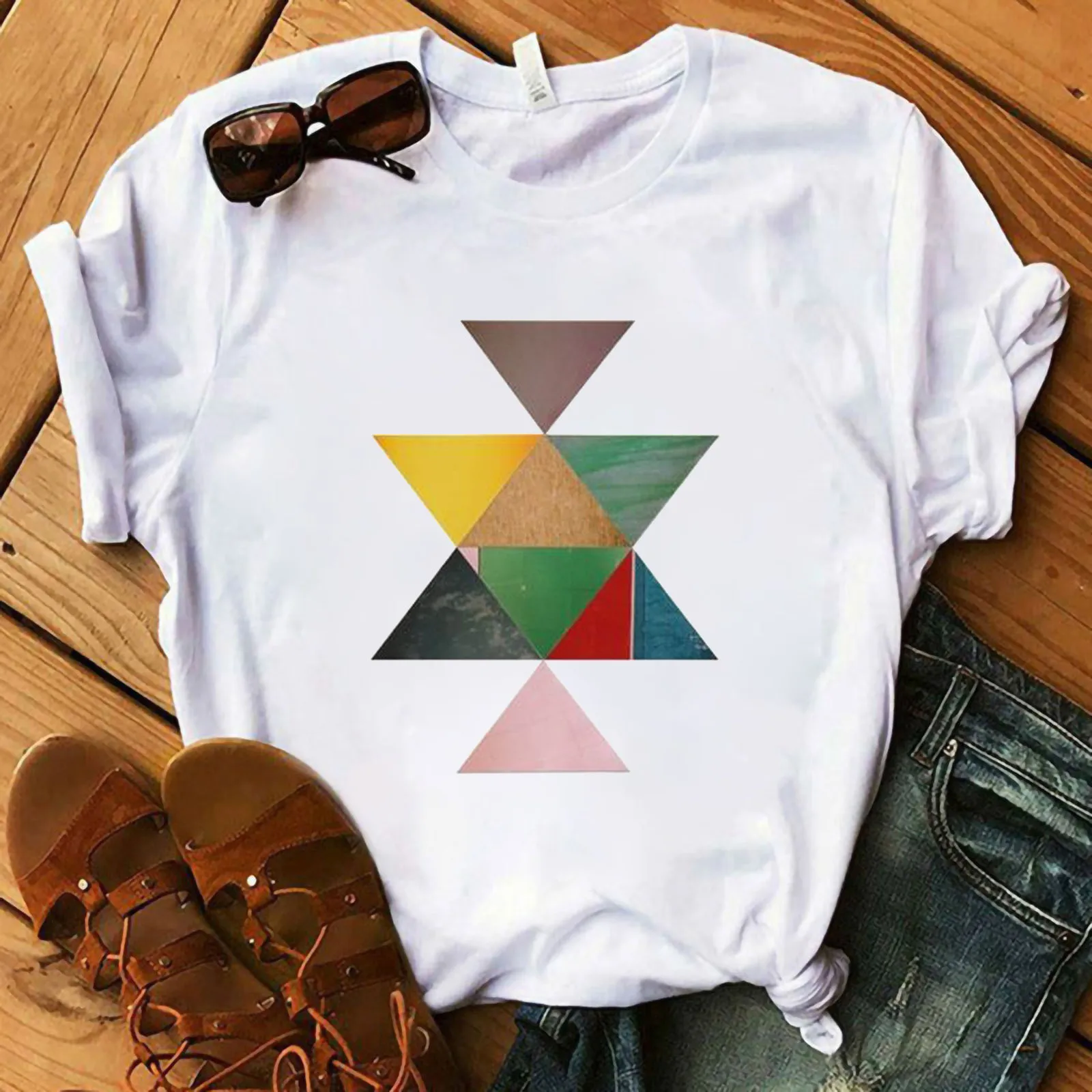 

Beautiful Geometry Printed T-shirt Female Clothing 90s Graphic Harajuku T Shirt Cute O Neck Short Sleeve Tops Tee Casual Tshirt