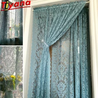1pc rod pocket hollow out blue lace curtain for living room door curtains tulle kitchen entrance partition yarn nt