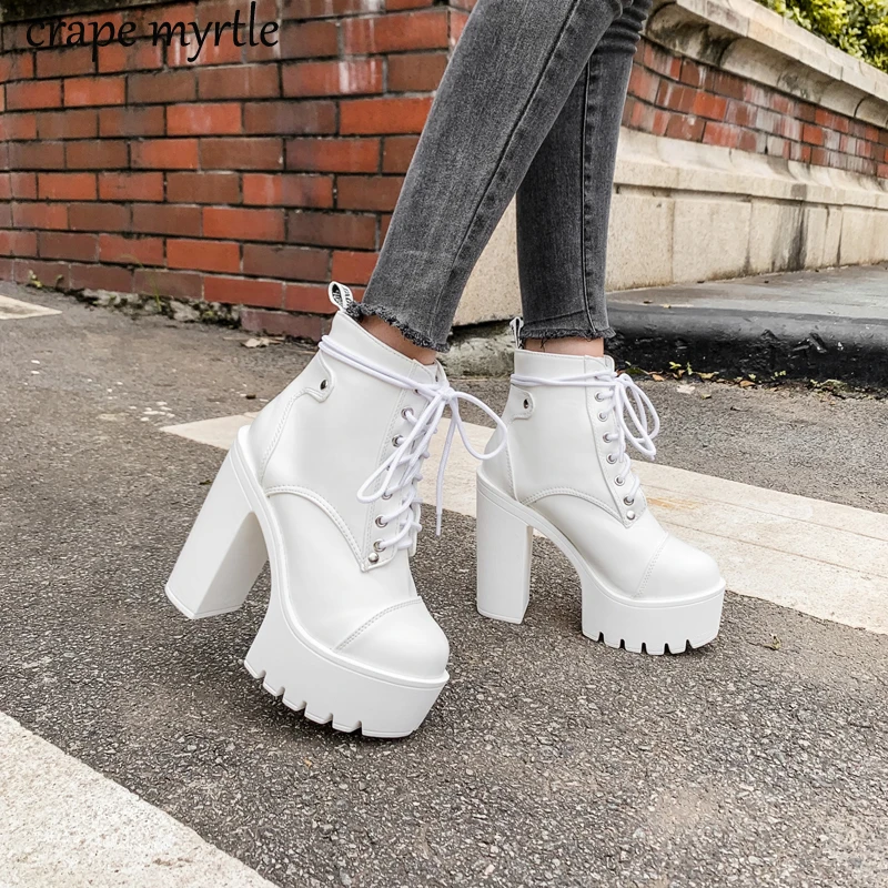 

Lace Up Cross Tied Platform High Heels Ankle Boots for Women White Black Blue Block Heel Shoes Punk Gothic Combat Boots YMA895