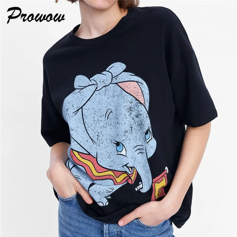 Футболка с принтом Дамбо, модная футболка с принтом животных Kawaii, женские Забавные футболки с коротким рукавом, женские черные топы