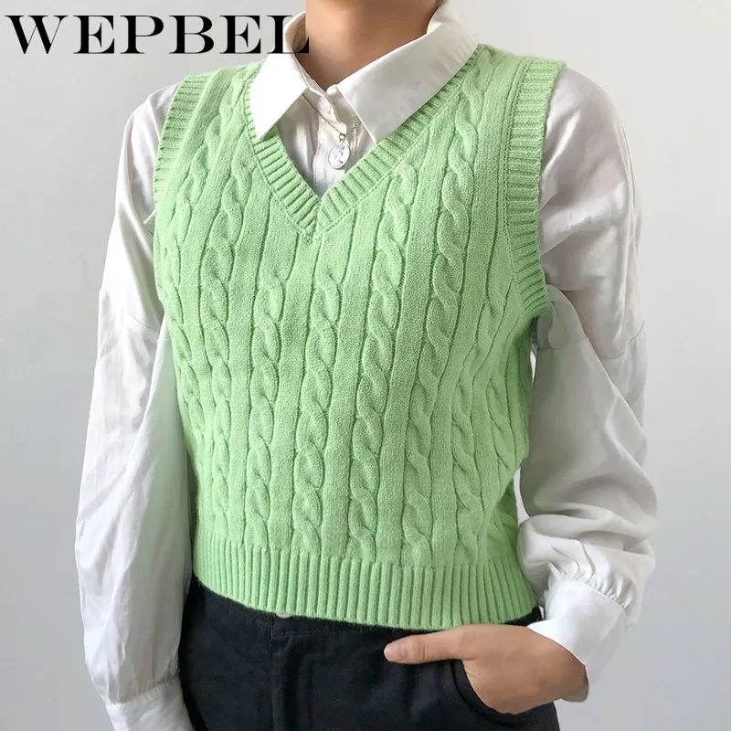 

WEPBEL Ladies Elegant Sleeveless V Neck College Style Knitwear Top Women Autumn Winter Knitted Vest Pullover Sweater