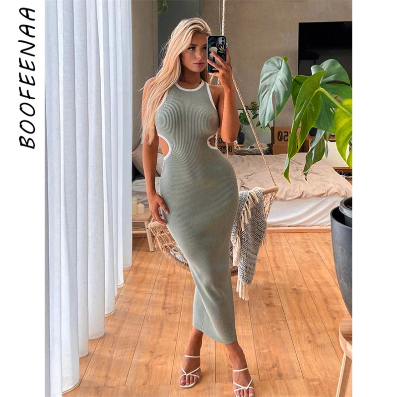 

Женское вязаное платье BOOFEENAA, длинное платье в рубчик, с вырезами, без рукавов, для дня рождения, осень 2021