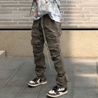 high street multi pocket drawstring overalls mens straight ribbons oversize casual cargo pants hip hop loose baggy trousers