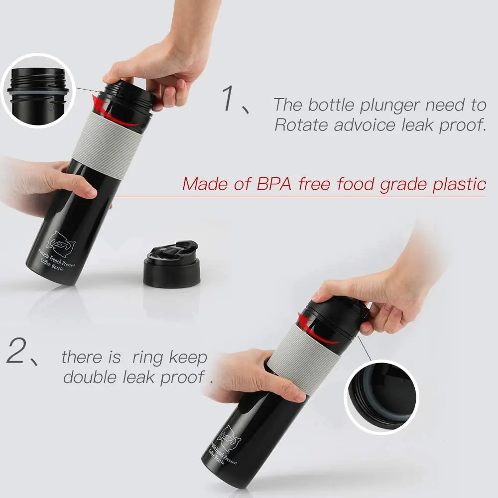 

Portable French Press 350ml Coffee Maker Black Plastic Double Wall Mug Filtration Water Isolation Tea Coffee Cup