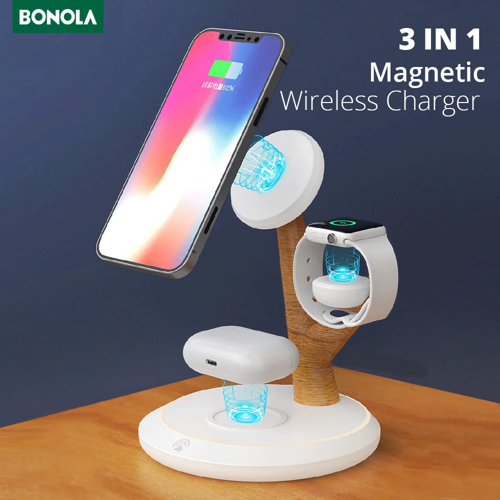 bonola magnetic wireless charger 4 in 1 stand for iphone 13 12 pro max wireless charging station for apple watch 7 6airpods 3 free global shipping