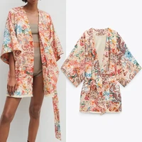 traf za 2021 kimono woman summer patchwork print long blouses women beach kimono cardigan chic belt japanese vintage blouse