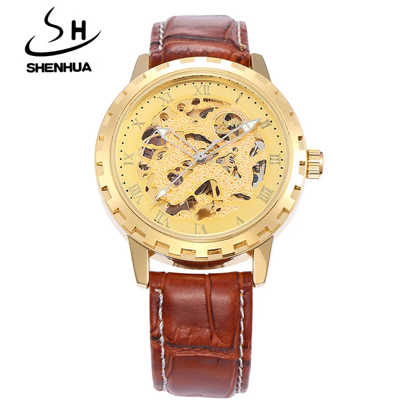 SHENHUA  New Hot Sale Skeleton Hollow Fashion Mechanical Self Wind Men Luxury Male Leather Strap Wrist Watch CLASSIC GOLD