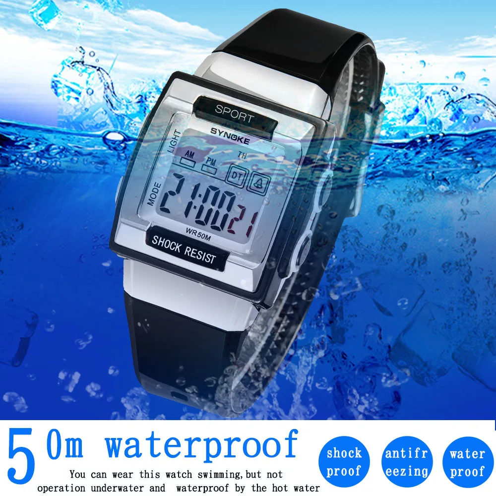 SYNOKE Digital Watch For Kids Rectangular Electronic Watch For Kids Boys Girls Diving Swimming Waterproof Watch Child's Gift
