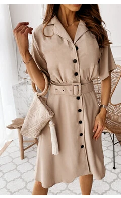 

Hirigin 2020 Fashion Women's Summer Solid Color Short-sleeved Dress V-neck Single-breasted Shirt Dress