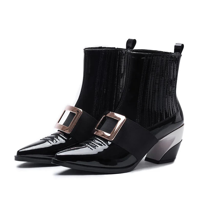 

Chelsea Boots New Autumn Women Pointed Square Buckle Heel 7.5cm Mixed Color Ladies Shoes Ankle Booties Botas Feminina Size 33-40