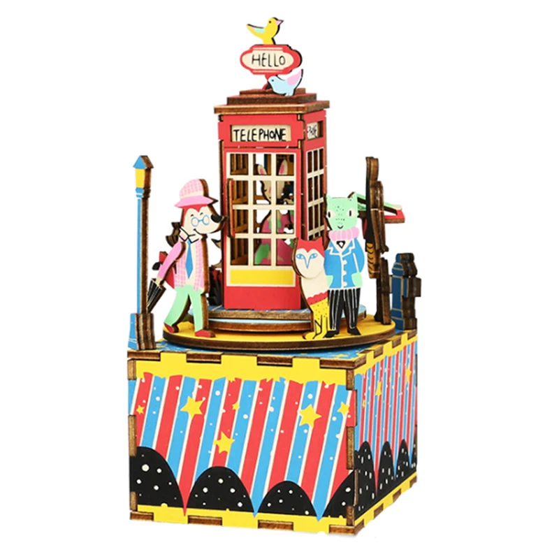 

Puzzle toys, beautiful music box, 3D wooden block puzzle, telephone booth, Tangram creative handicraft
