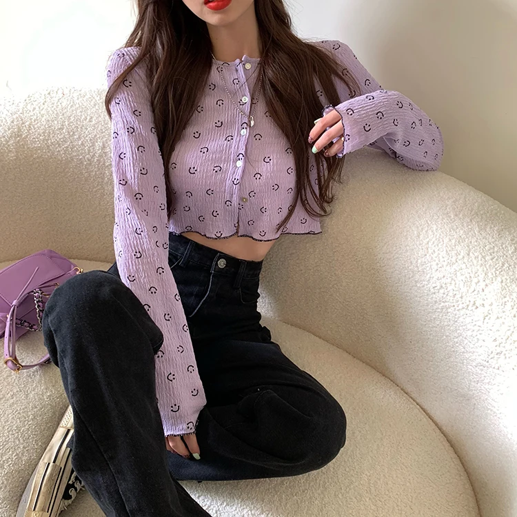 

Online Influencer Hongkong Style Hot Girl Long Sleeve Smiley Face Printed Cardigan Sun Protection Top Clothes Short Coat Women's