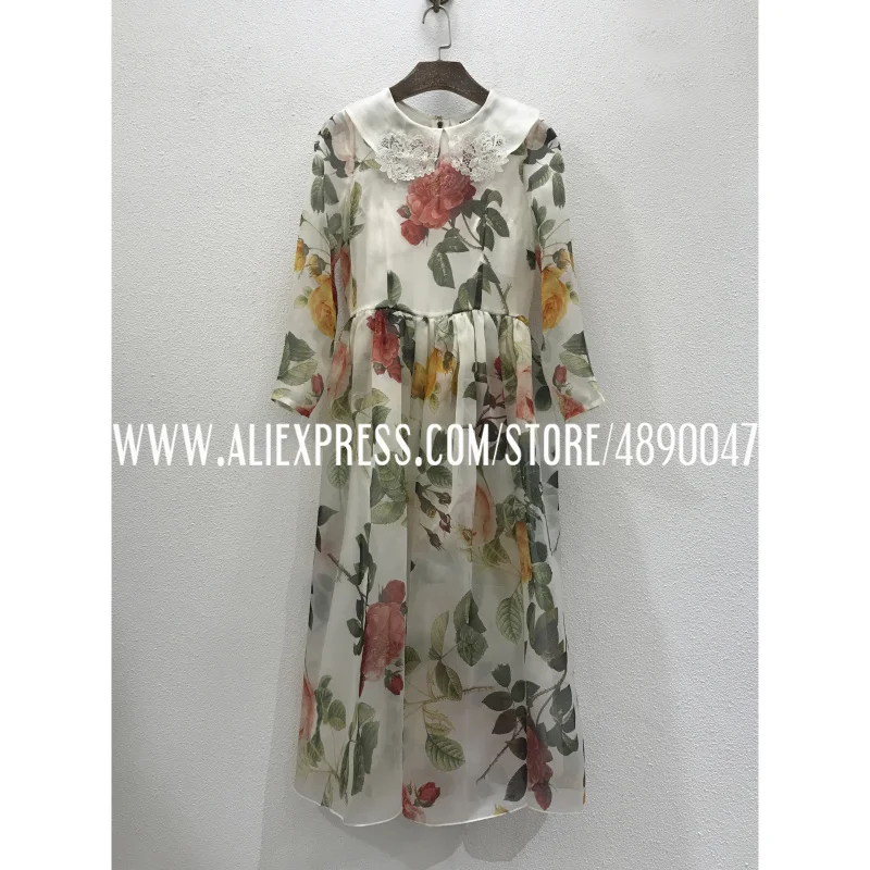 

2021 summer vase printing retro double layer organza silk round neck mid-length waist slimming dress two-piece suit