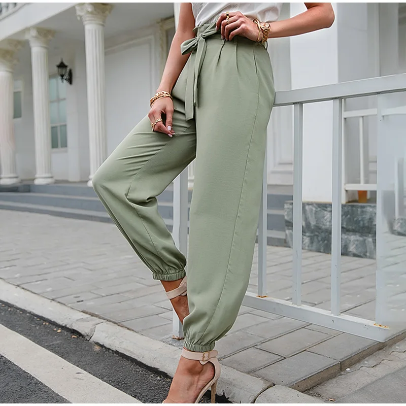 

All-Match Retro Fashion Streetwear Lace Up High Waist Loose Pants Polyester Trousers Elegant Office Lady Comfort Female Solid