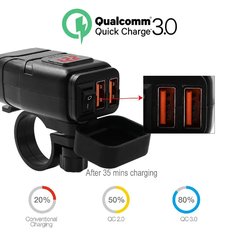 Yfashion Водонепроницаемый двойной QC 3,0 Быстрая зарядка 12V телефонное Зарядное устройство мотоцикла, встроенная в транспортное средство Зарядное устройство красный переключатель вольтметра