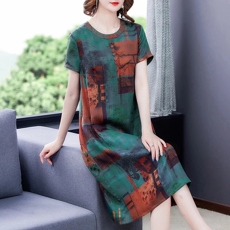 

Summer Casual L-4XL Plus Size Short Sleeve Midi Dress 2021 Vintage Loose Floral Silk Satin Dresses Elegant high quality Vestidos