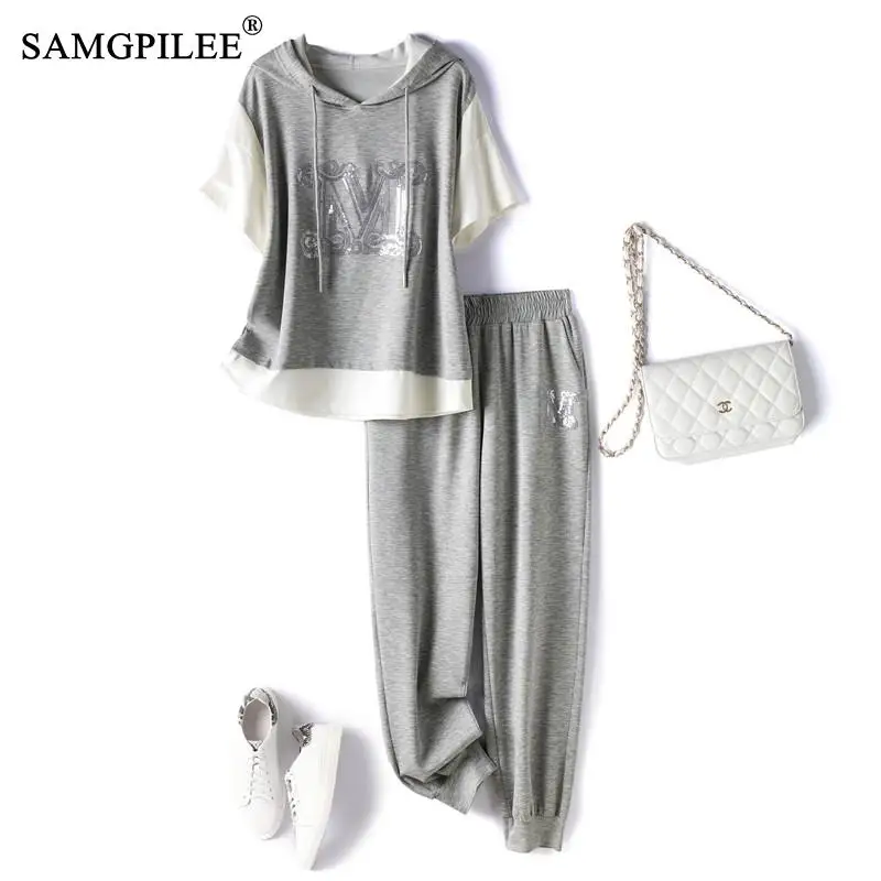 Summer Two Piece Sets For Women 2022 New Casual Korean Style Sports Suit Hooded Embroidered Sweater Pants Set 4XL