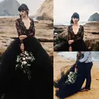 Новинка, сексуальное черное пляжное свадебное платье, глубокий v-образный вырез, иллюзия, длинный рукав, кружевной топ, фатиновая юбка, готическое свадебное платье с открытой спиной