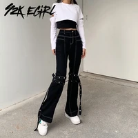y2k egirl mall goth y2k high waist denim flare pants e girl punk style lace up black jeans vintage streetwear alt trousers slim