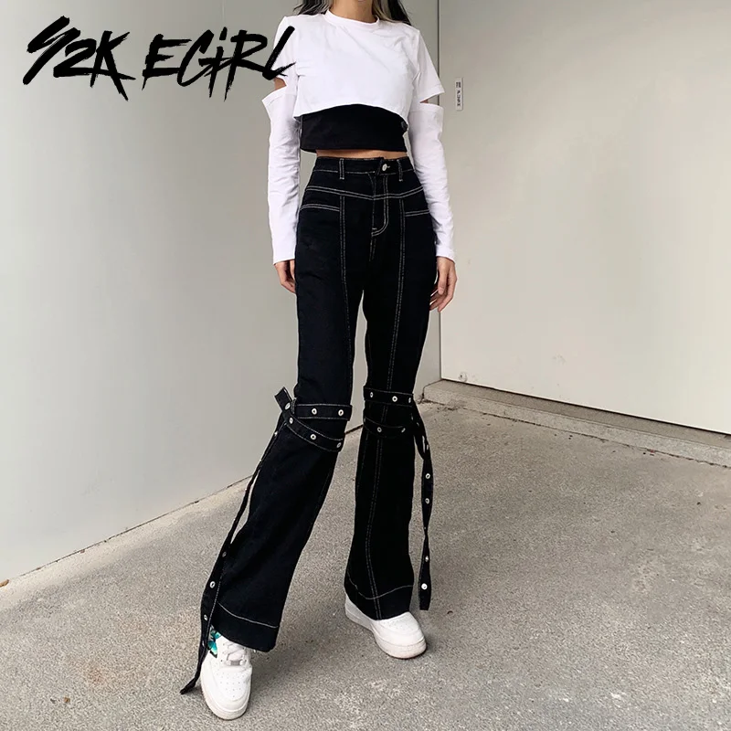 Джинсы Y2K EGIRL Mall Goth с завышенной талией расклешенные брюки в стиле E girl черные