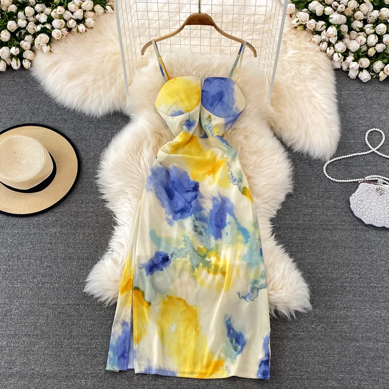 

2022 летнее Новое элегантное платье с бюстгальтером, платье на бретелях, платье с галстуком-краской