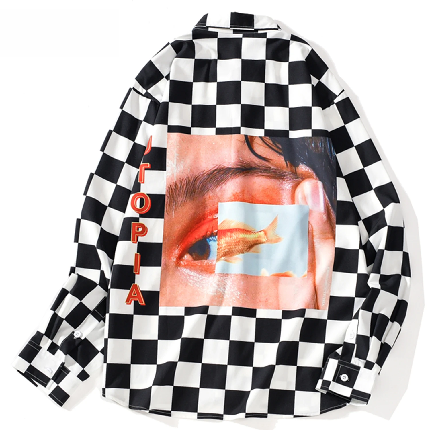 В клетку с рисунком глаз мужская рубашка Осень Harajuku в стиле хип хоп верхняя