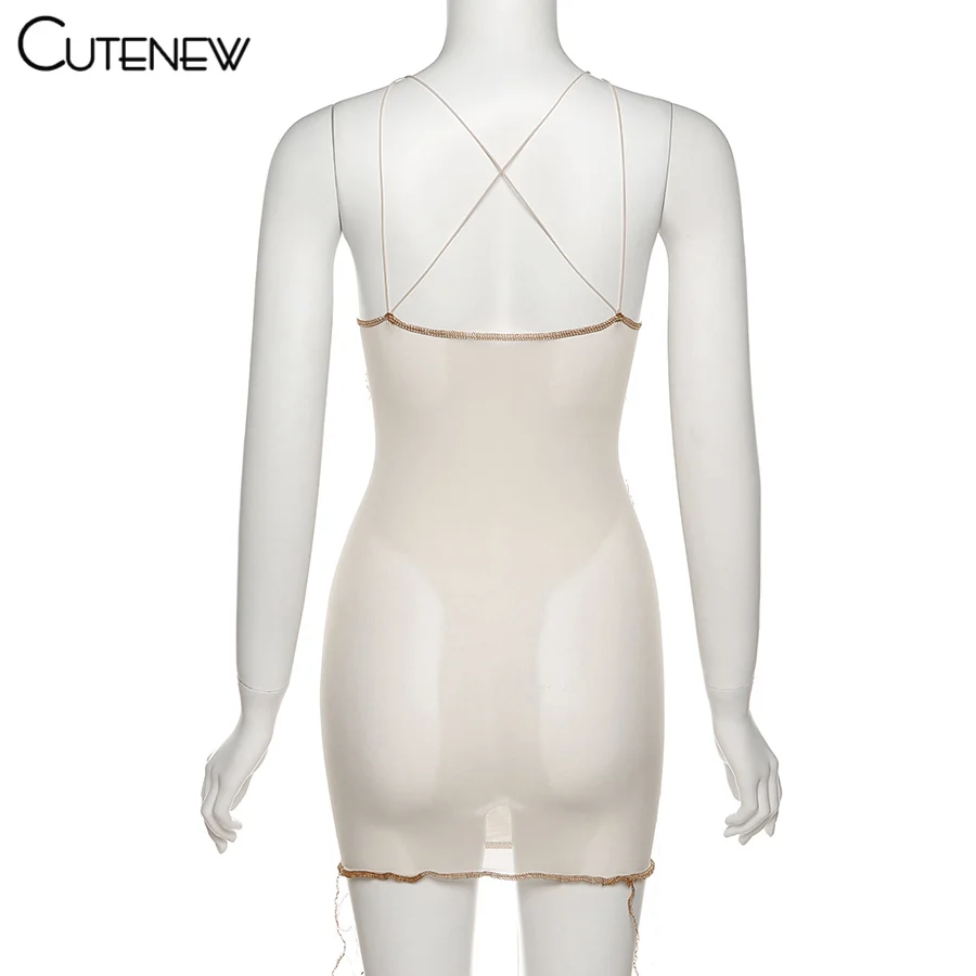 

Cutenew Spaghetti Strap Patchwork Sheath Sexy Mini Dress For Women 2021 Summer Sleeveless V-Neck Clubwear Female Fashion Skirts